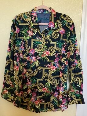 Robert Graham Black Floral Baroque Button-Up with Teal Logo